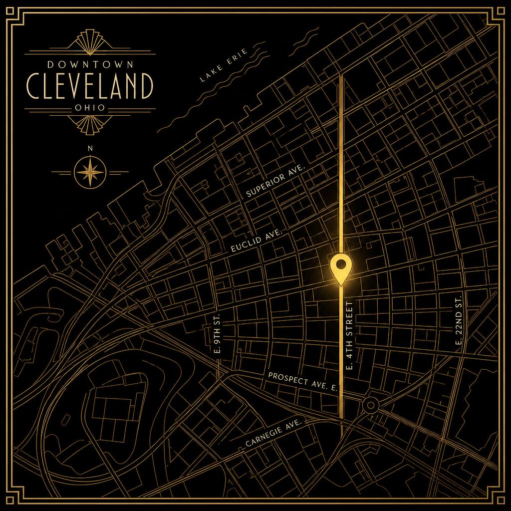 Art Deco style map of downtown Cleveland with a gold pin marking Society on E. 4th Street